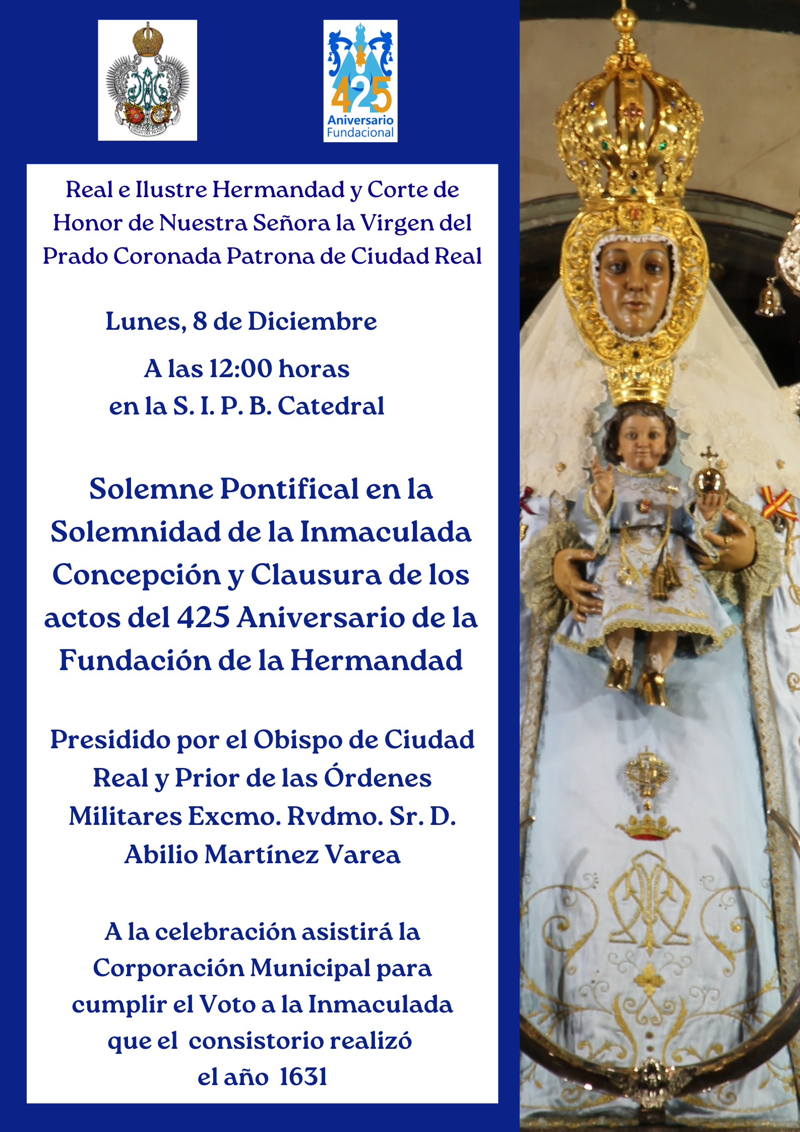 LA HERMANDAD DE LA VIRGEN DEL PRADO CLAUSURA SU 425 ANIVERSARIO FUNDACIONAL EN EL PONTIFICAL DE LA INMACULADA CONCEPCIÓN